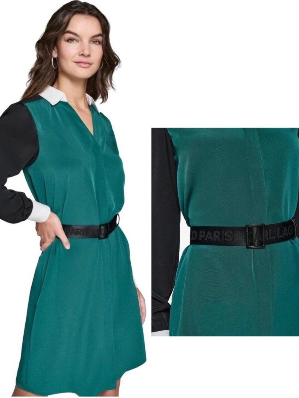 Karl Lagerfeld Paris Colorblock Shirt Dress Logo Belted NWT Emerald Green Size 6